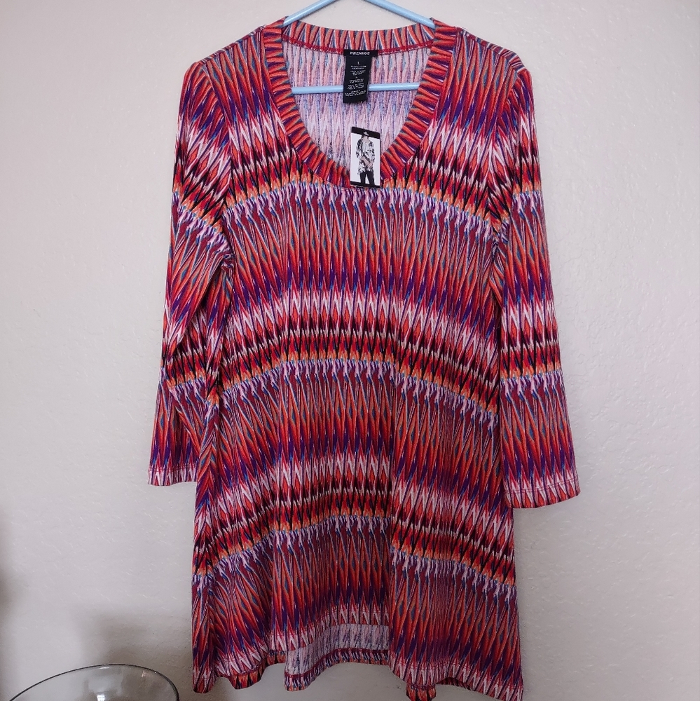 - Premise 3/4 eleeve tunic blouse shirt orange red geometric zig zag Che…